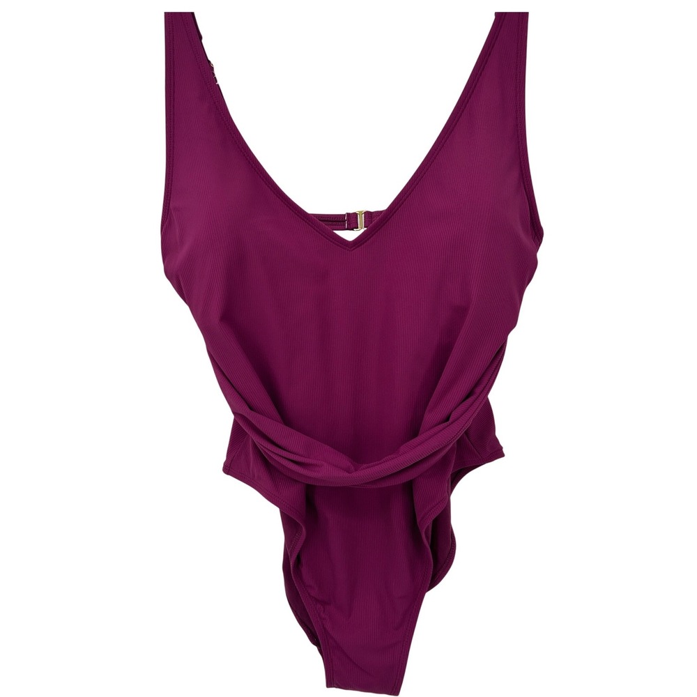 Shade & Shore Womens XL‎ Plum Purple Ribbed Wrap Front One Piece Swimsuit V-Neck